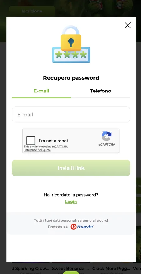 Modulo recupero password Verde Casino
