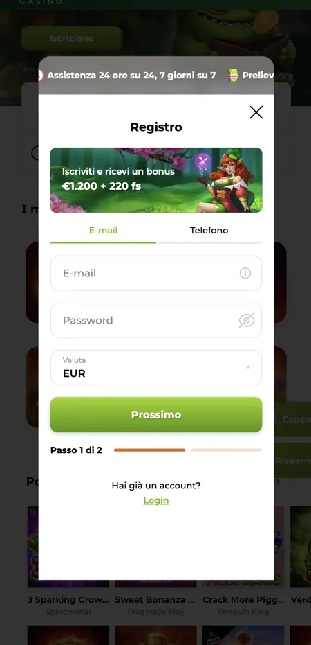 Schermata registrazione Verde Casino con bonus benvenuto